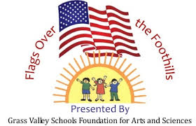 Grass Valley Schools Foundation for Arts and Sciences logo - Flags over the Foothills - with US flag and 3 kids